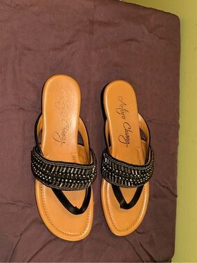 Angelina Black Beaded Sandal with Tan Footbed
